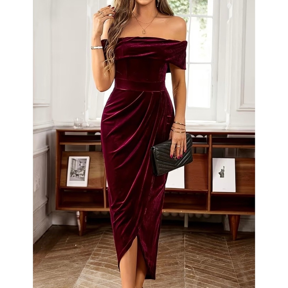 Lulus Burgundy Velvet Off The Shoulder Midi Dress XL New Burgundy Tulip Skirt